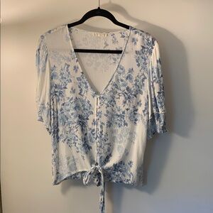 Lovestitch Blue and White Flutter Sleeve Blouse with Tie Front